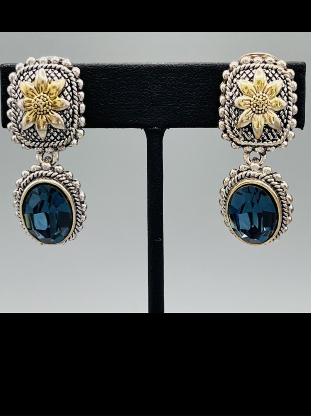 Two-Tone Floral Drop Earrings with Deep Blue Stones